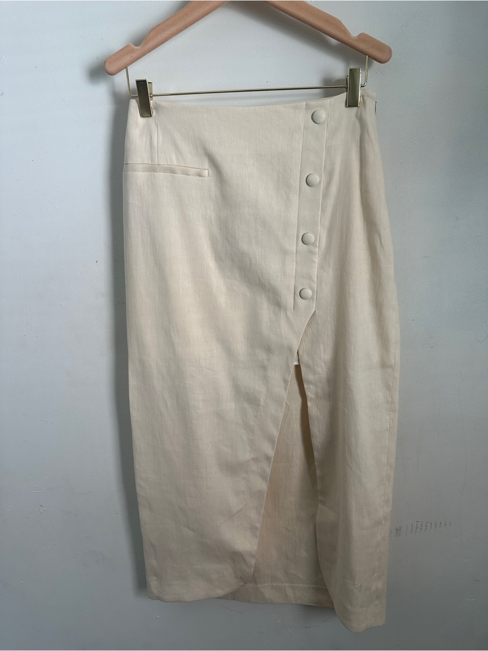Sandro Cream Button-Front Midi Skirt with Front Slit